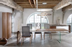 Walnut designer table with glass wall